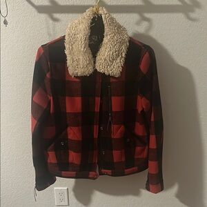 Red and Black Plaid Jacket with Faux Fur Collar